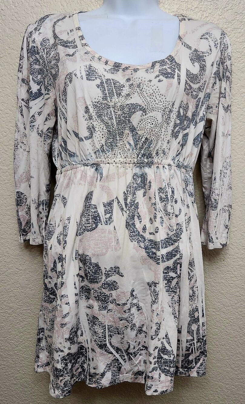 Lady Noiz Gray Pink Floral Print Top Small Rhinestones Elastic Waist Lightweight